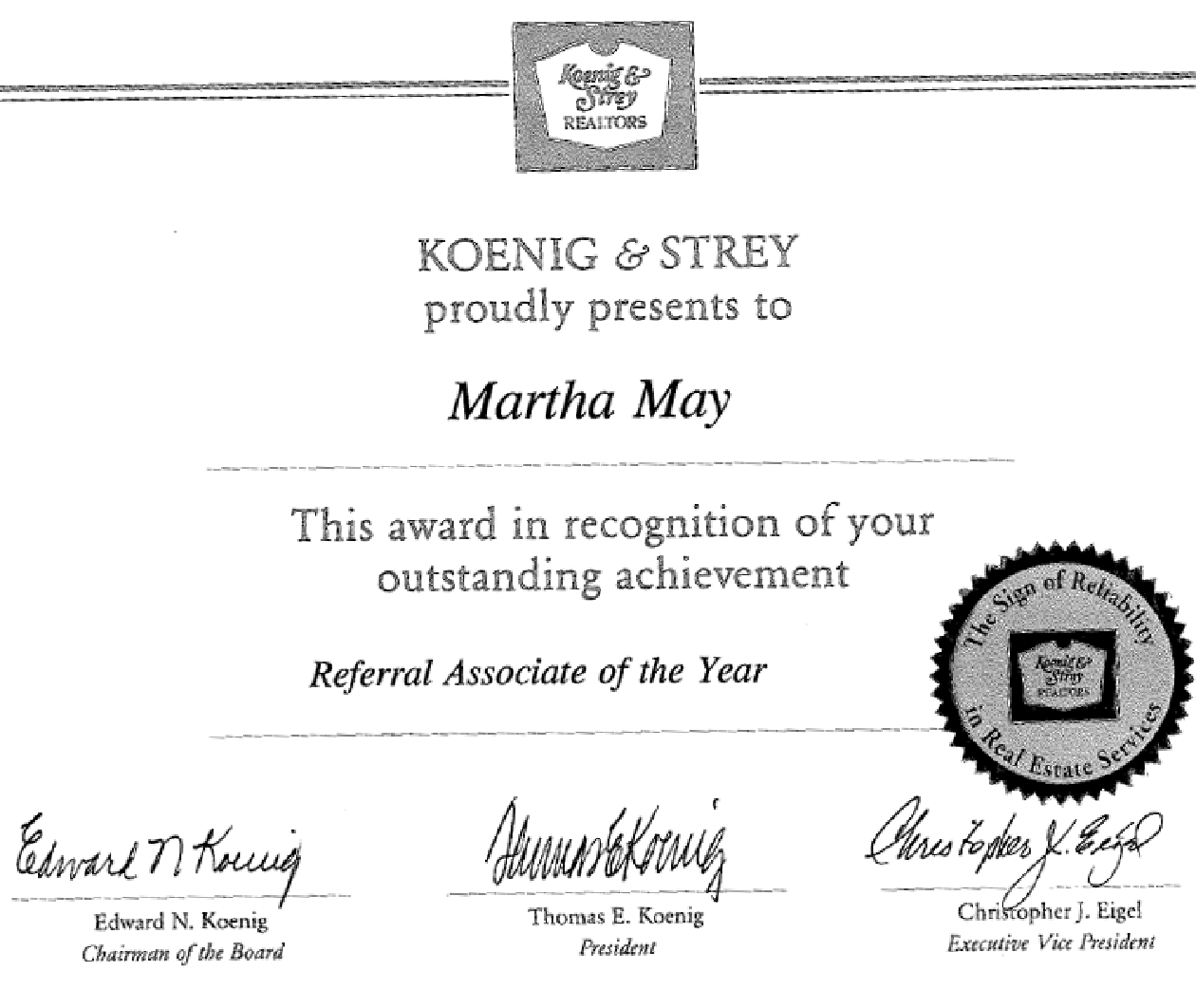 referral associate of the year 1994 martha may glenview associate referral